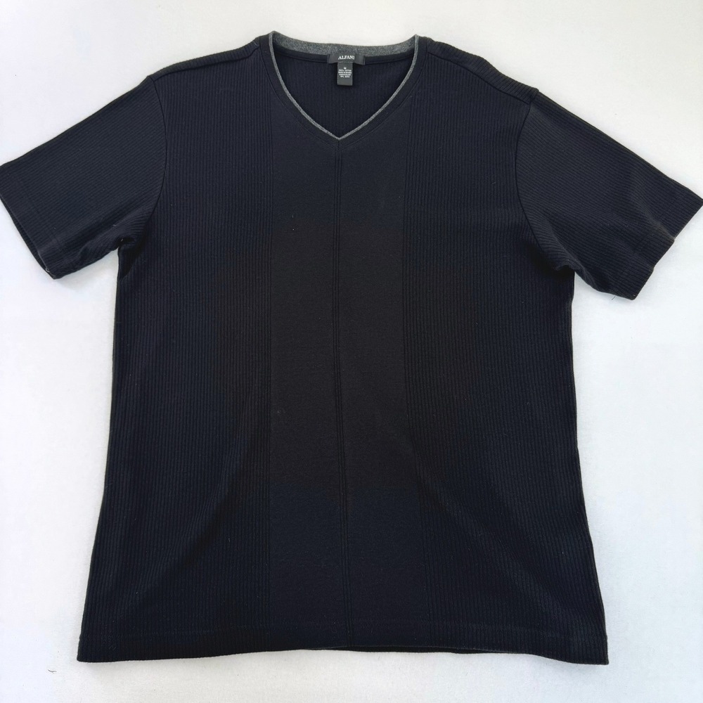 Alfani Mens V-Neck T-Shirt Black Ribbed Cotton Short Sleeve Top Grey Trim Size M